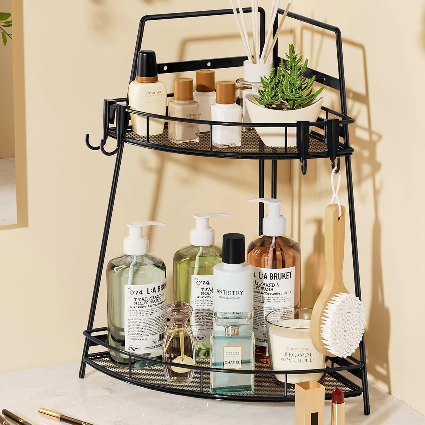 2 Tier Corner Bathroom Counter Organizer Metal Bathroom Countertop Organizer Shelf Storage Bathroom Sink Makeup Organizer for Vanity Perfume Skincare with Hooks Black
