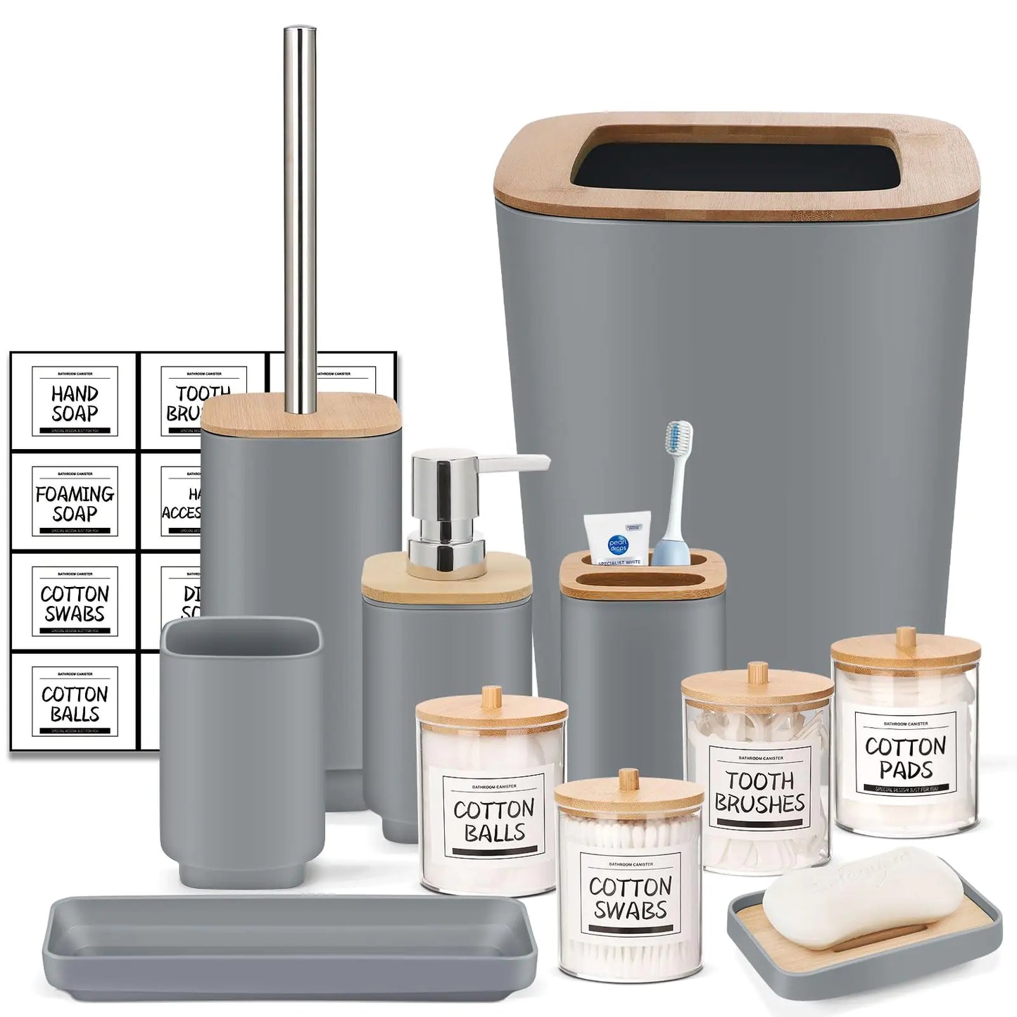 Grey Bathroom Set11Pcs Bathroom Gift Set4 Qtip Holder DispenserSoap DispenserSoap DishTrayToilet Brush HolderTrash CanToothbrush Holder and Cup for Bathroom