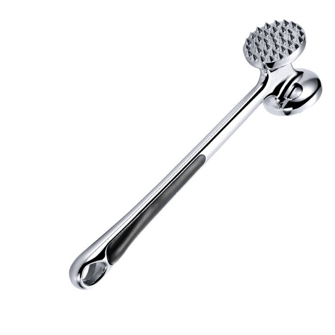 Meat tenderizer mallet tenderizing steak, in-use view
