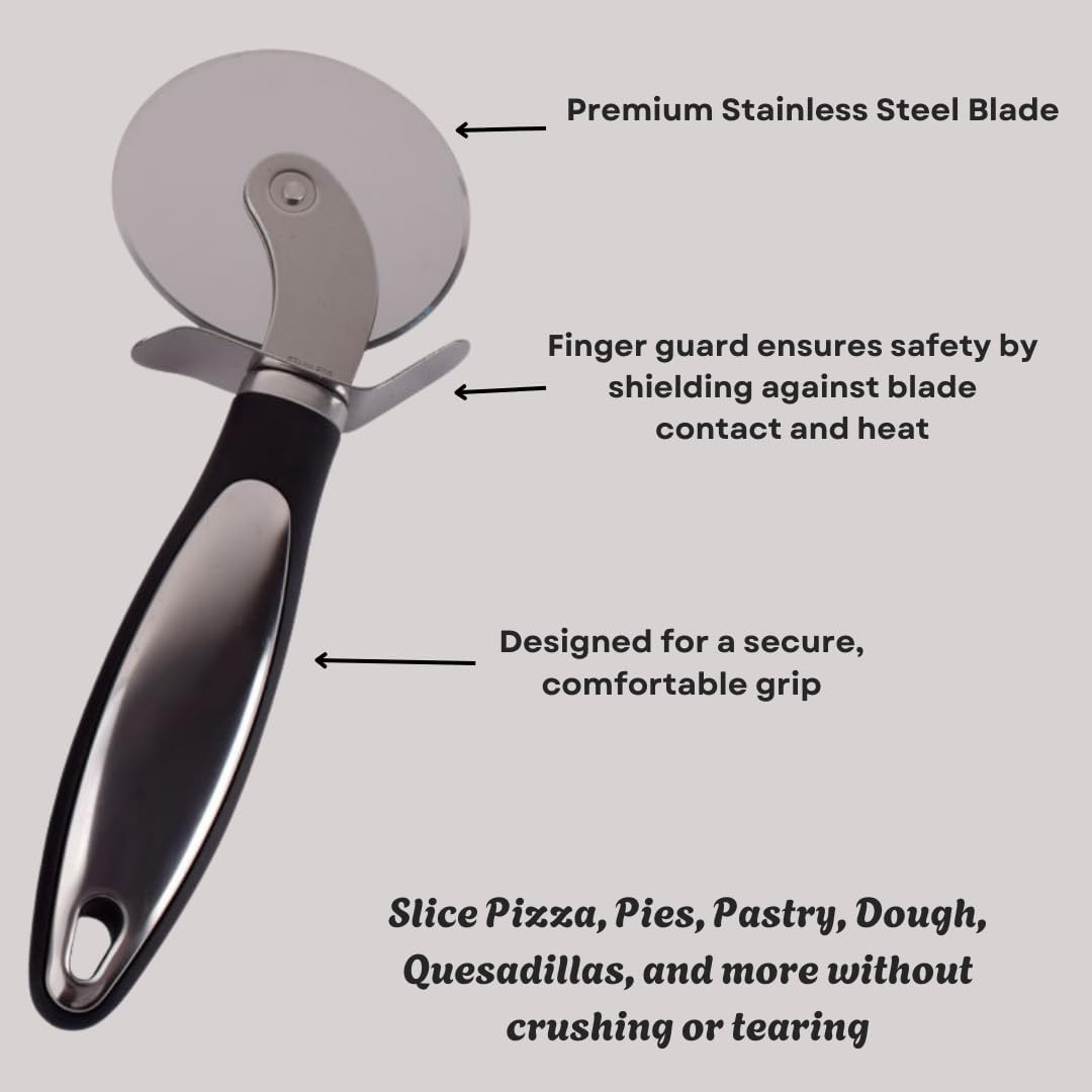 Premium Stainless Steel Pizza Cutter – Multi-Purpose Wheel with Sharp Blade for Pizza, Pies, Dough, Pastry & More – Non-Slip Soft-Touch Handle, Dishwasher Safe.