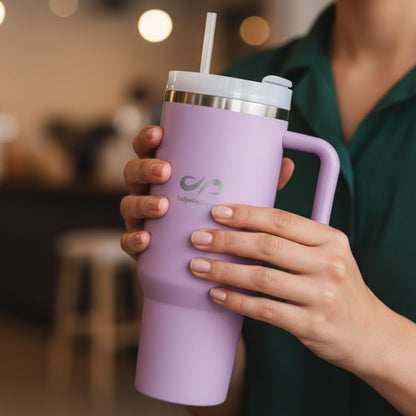 40 oz Insulated Tumbler with Handle & Straw – Stainless Steel, Cup Holder Friendly