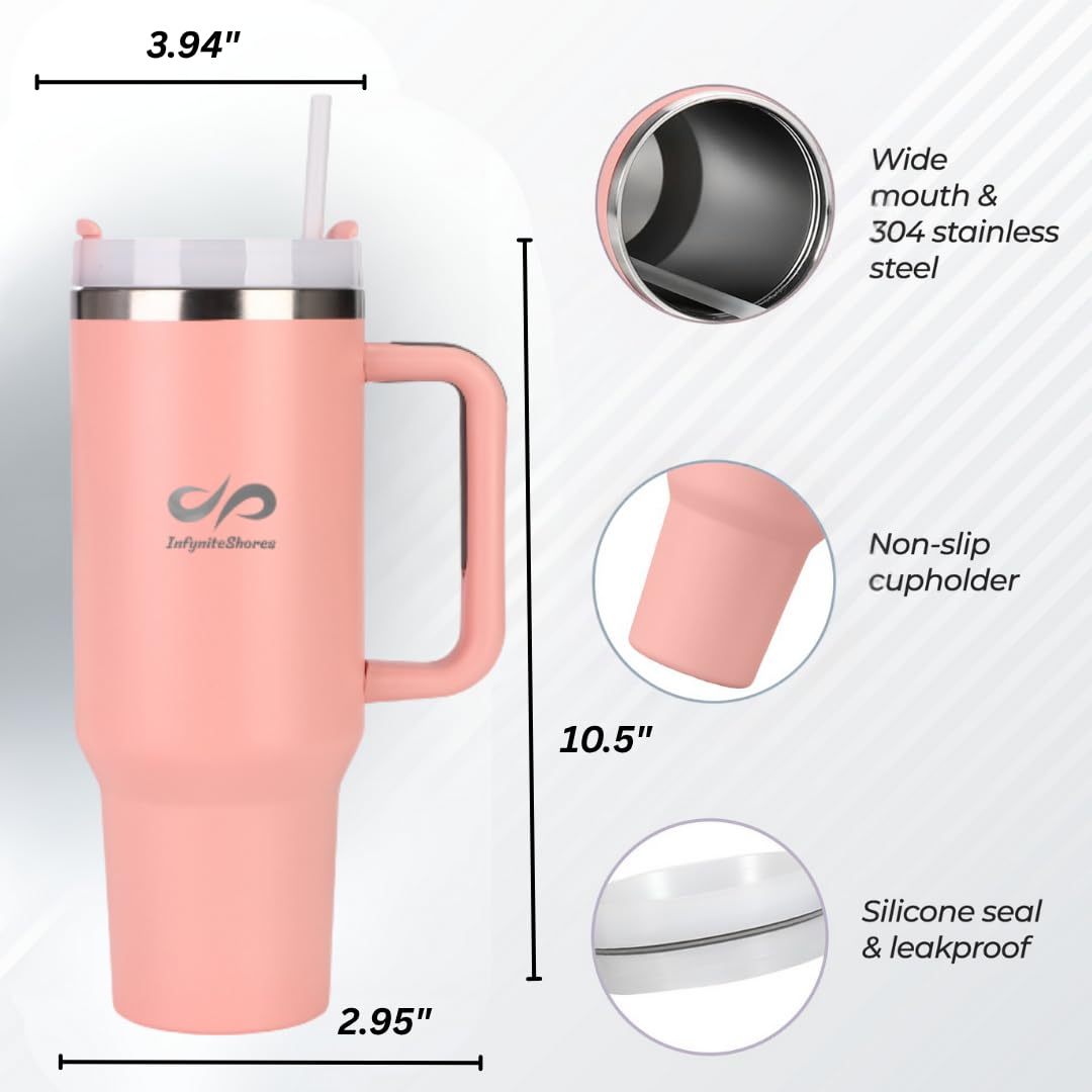 40 oz Insulated Tumbler with Handle & Straw – Stainless Steel, Cup Holder Friendly