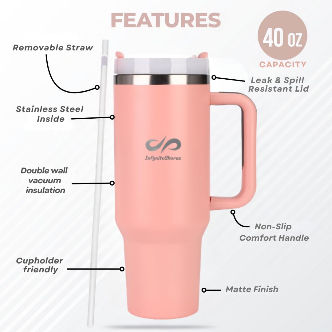40 oz Insulated Tumbler with Handle & Straw – Stainless Steel, Cup Holder Friendly