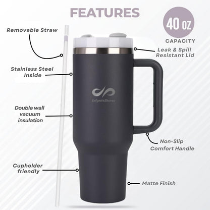 40 oz Insulated Tumbler with Handle & Straw – Stainless Steel, Cup Holder Friendly