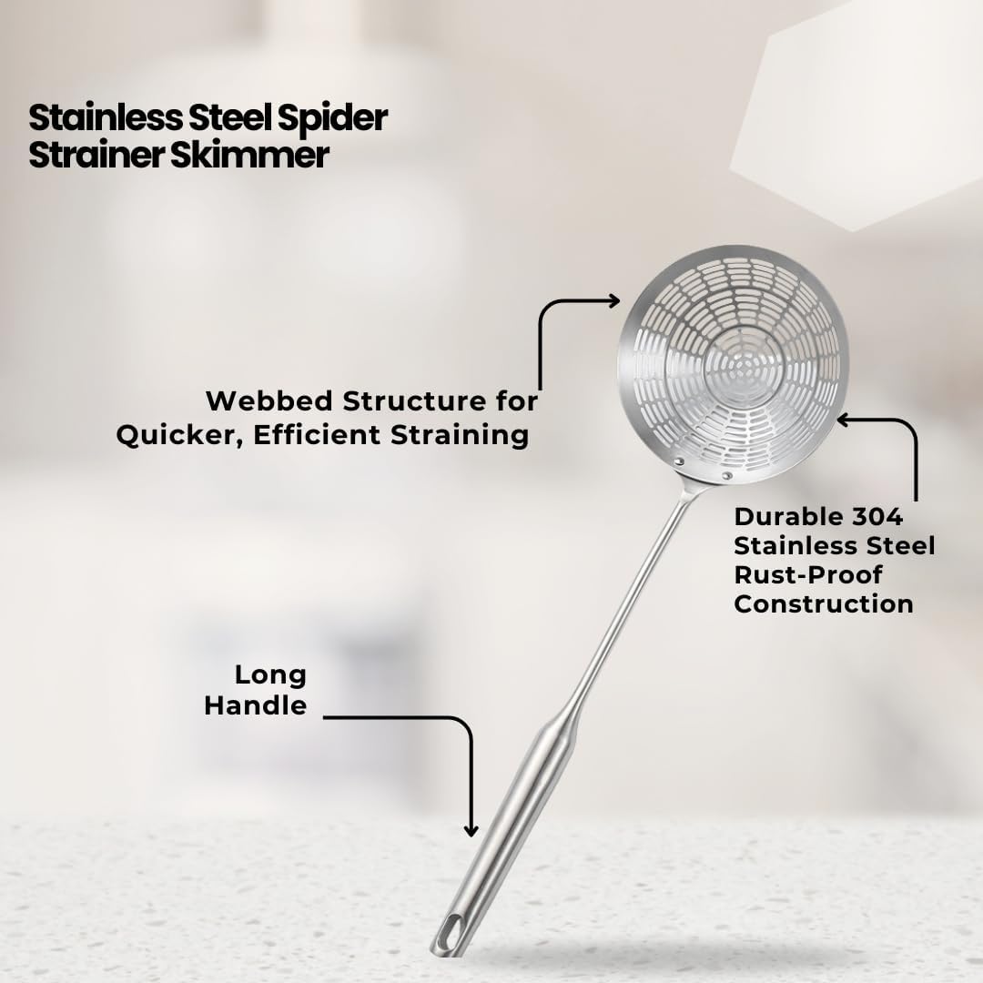 Stainless steel skimmer spoon for draining fried food