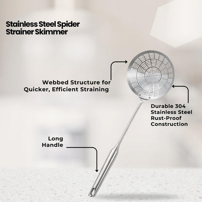 Stainless steel skimmer spoon for draining fried food