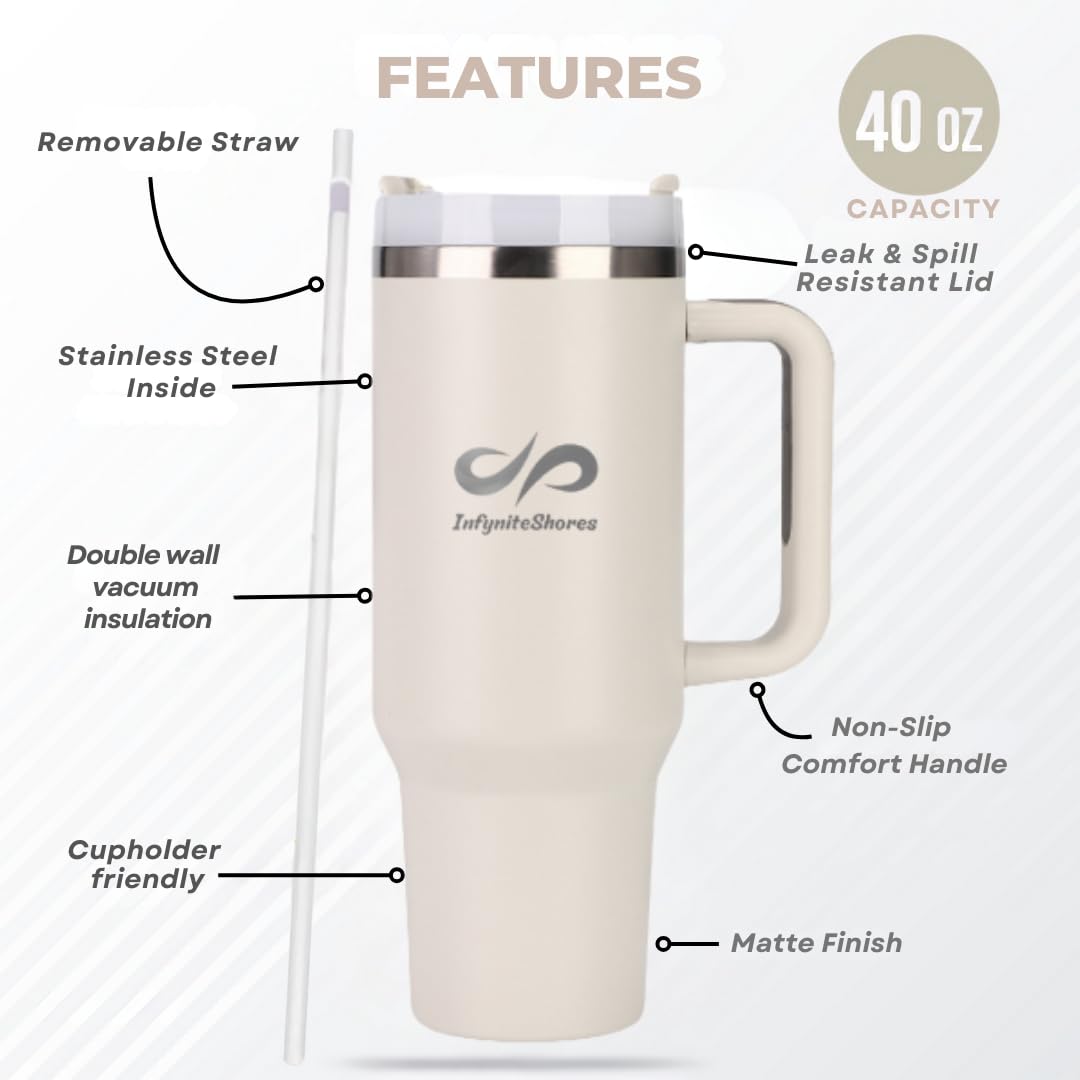 40 oz Insulated Tumbler with Handle & Straw – Stainless Steel, Cup Holder Friendly
