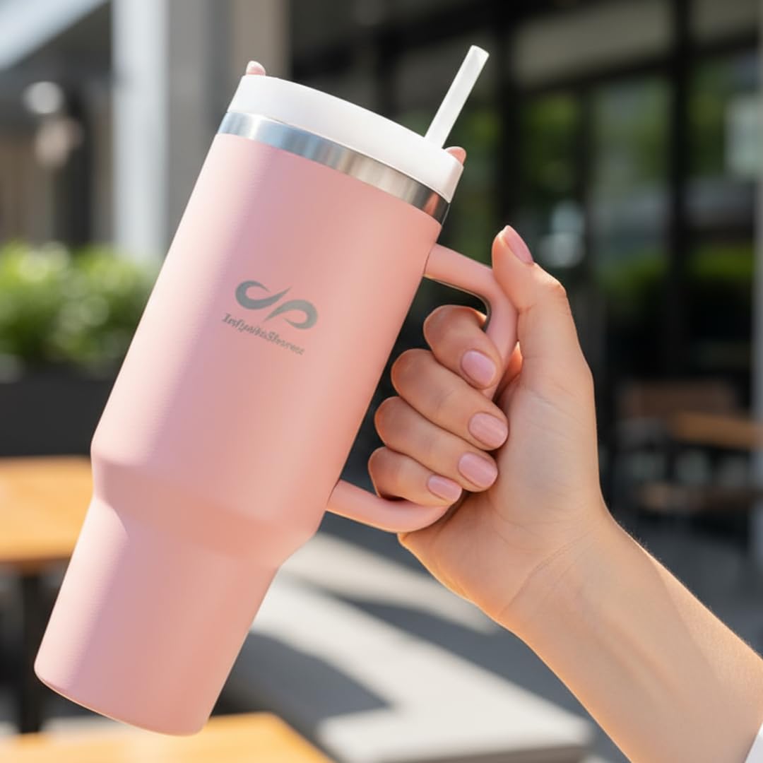 40 oz Insulated Tumbler with Handle & Straw – Stainless Steel, Cup Holder Friendly