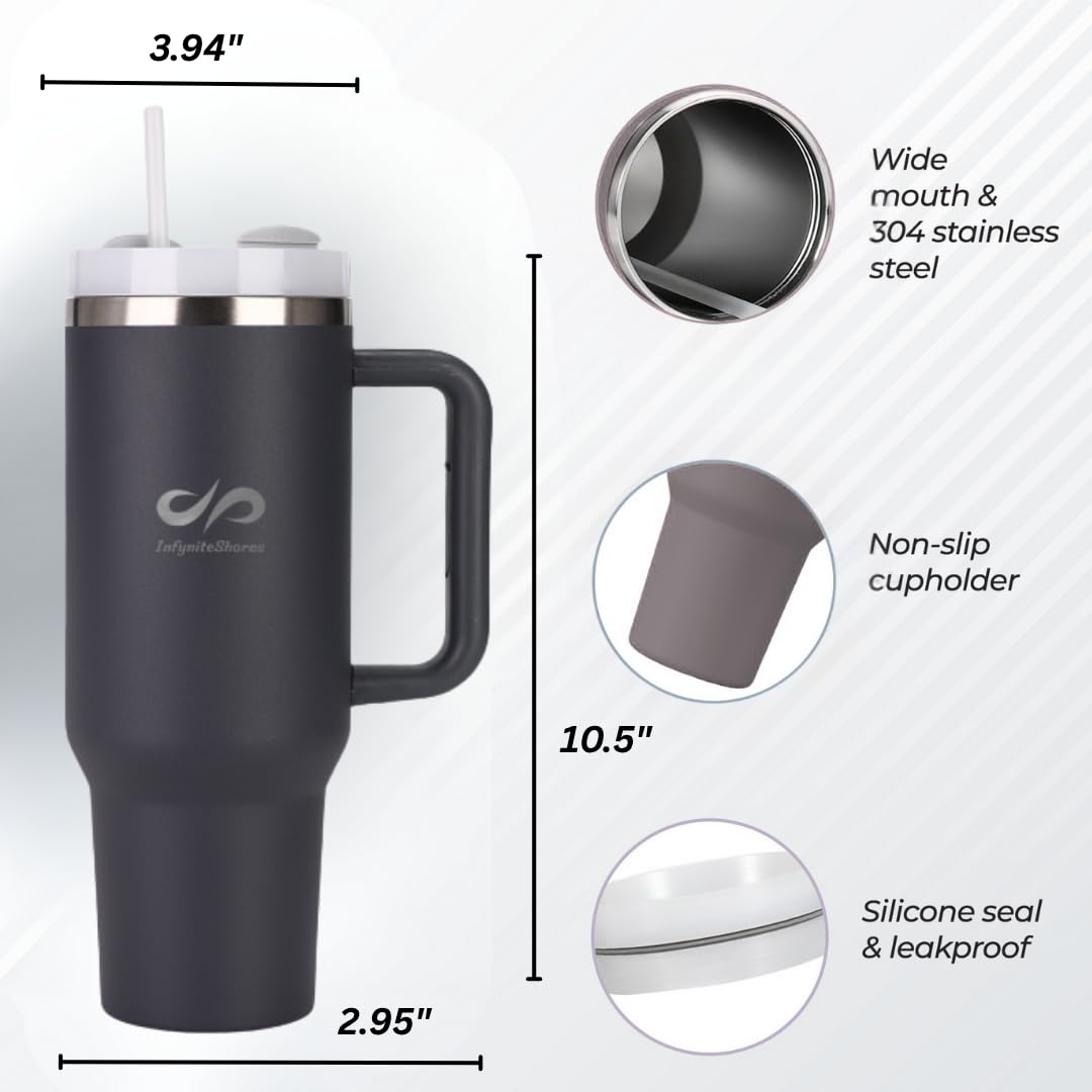 40 oz Insulated Tumbler with Handle & Straw – Stainless Steel, Cup Holder Friendly