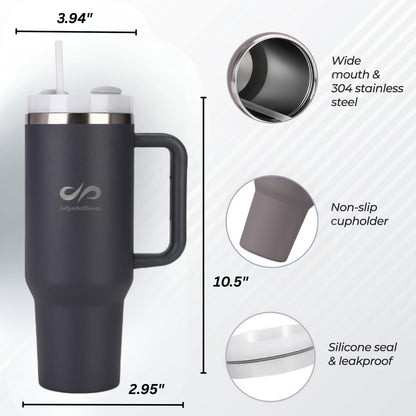 40 oz Insulated Tumbler with Handle & Straw – Stainless Steel, Cup Holder Friendly