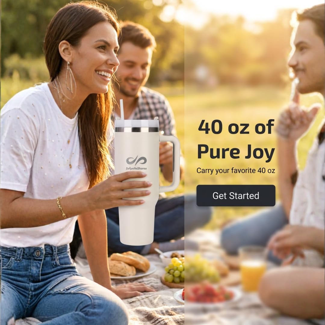 40 oz Insulated Tumbler with Handle & Straw – Stainless Steel, Cup Holder Friendly