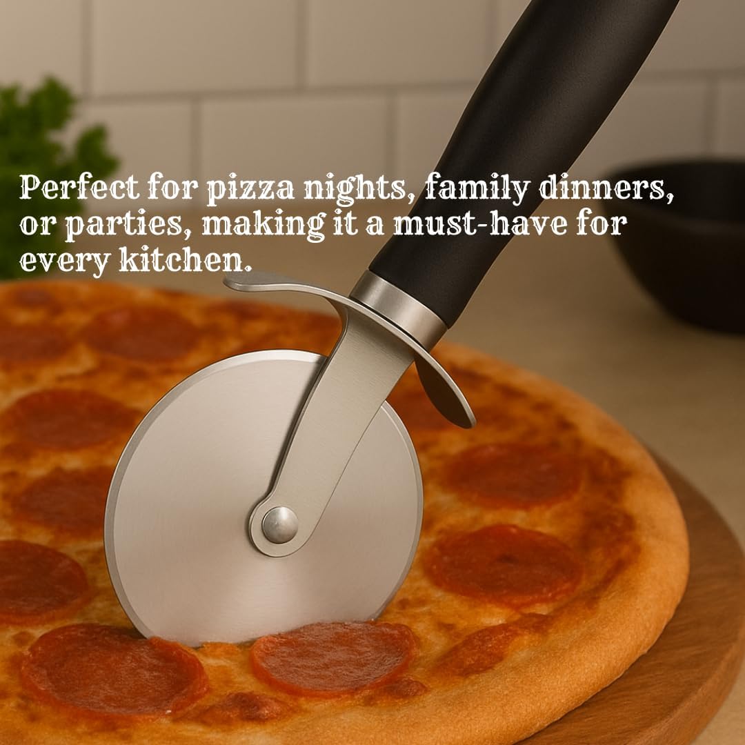 Premium Stainless Steel Pizza Cutter – Multi-Purpose Wheel with Sharp Blade for Pizza, Pies, Dough, Pastry & More – Non-Slip Soft-Touch Handle, Dishwasher Safe.