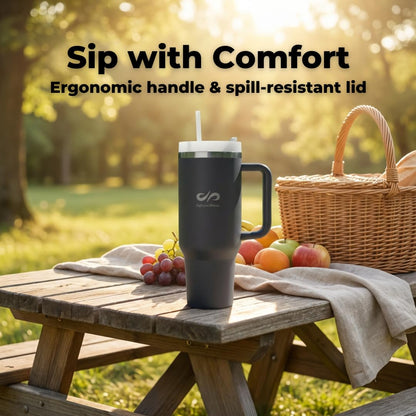 40 oz Insulated Tumbler with Handle & Straw – Stainless Steel, Cup Holder Friendly