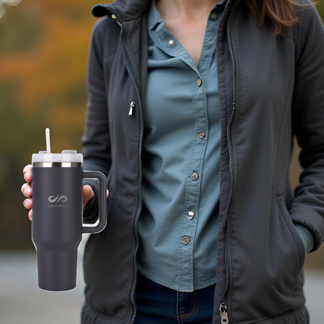 40 oz Insulated Tumbler with Handle & Straw – Stainless Steel, Cup Holder Friendly