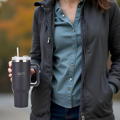 40 oz Insulated Tumbler with Handle & Straw – Stainless Steel, Cup Holder Friendly