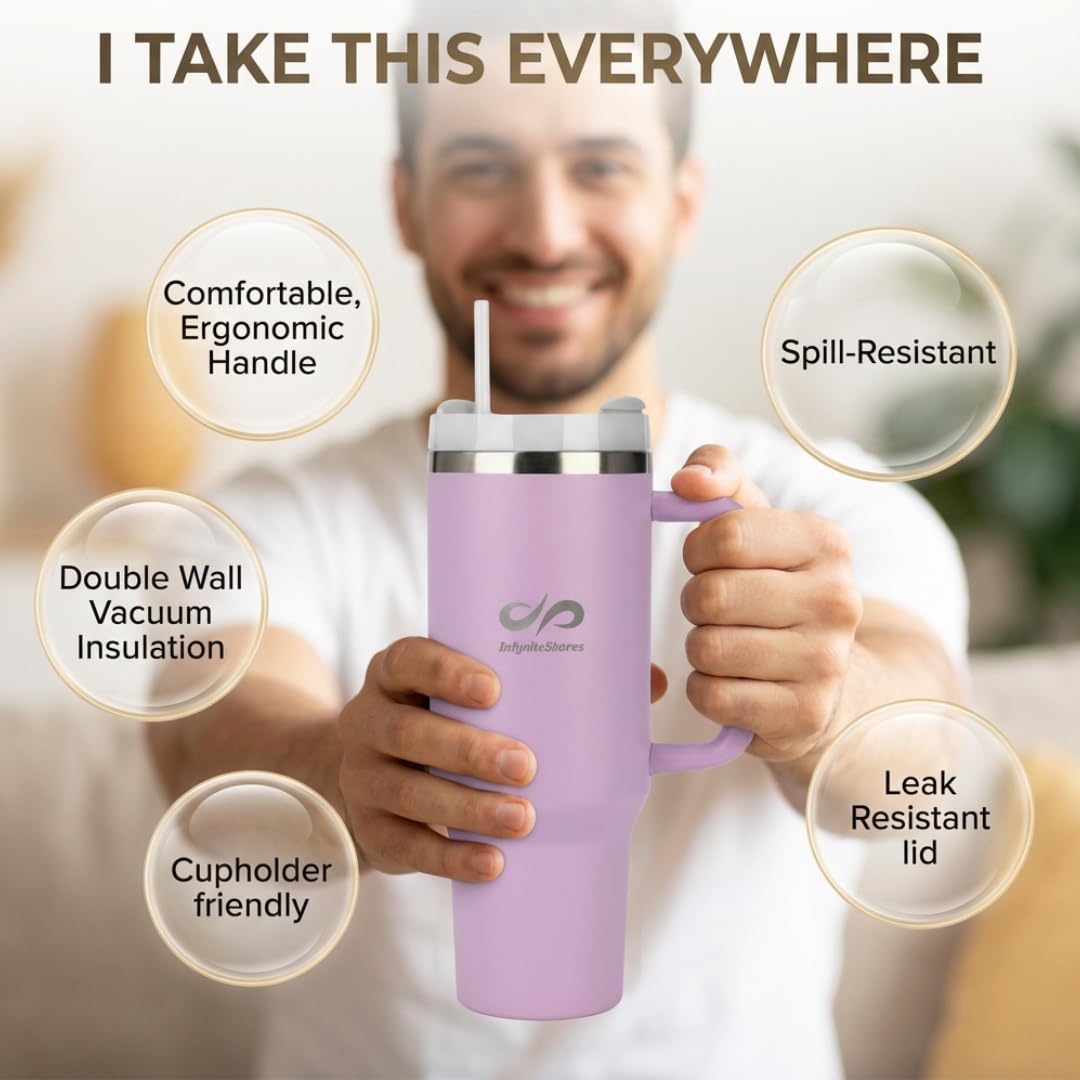 40 oz Insulated Tumbler with Handle & Straw – Stainless Steel, Cup Holder Friendly