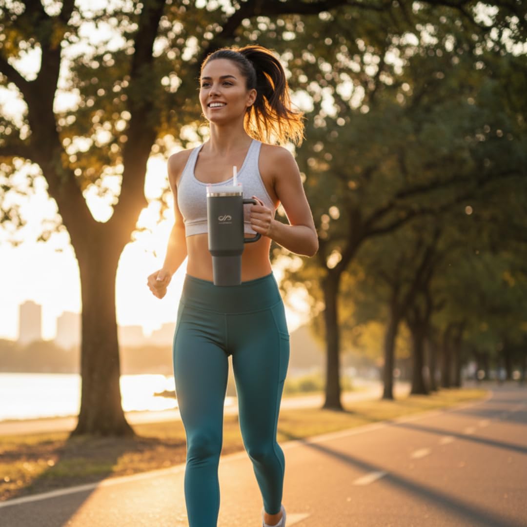 40 oz Insulated Tumbler with Handle & Straw – Stainless Steel, Cup Holder Friendly