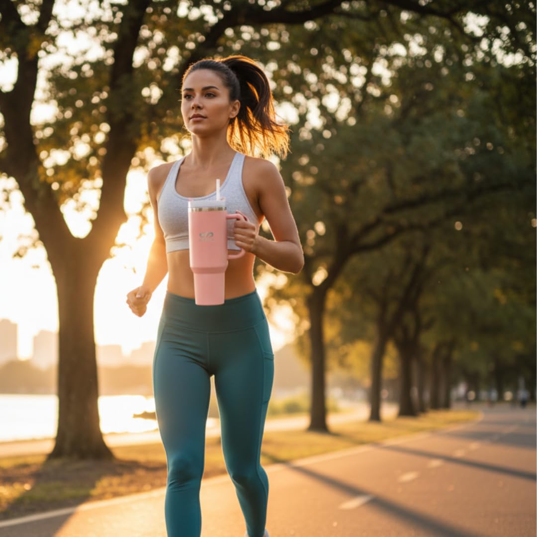 40 oz Insulated Tumbler with Handle & Straw – Stainless Steel, Cup Holder Friendly