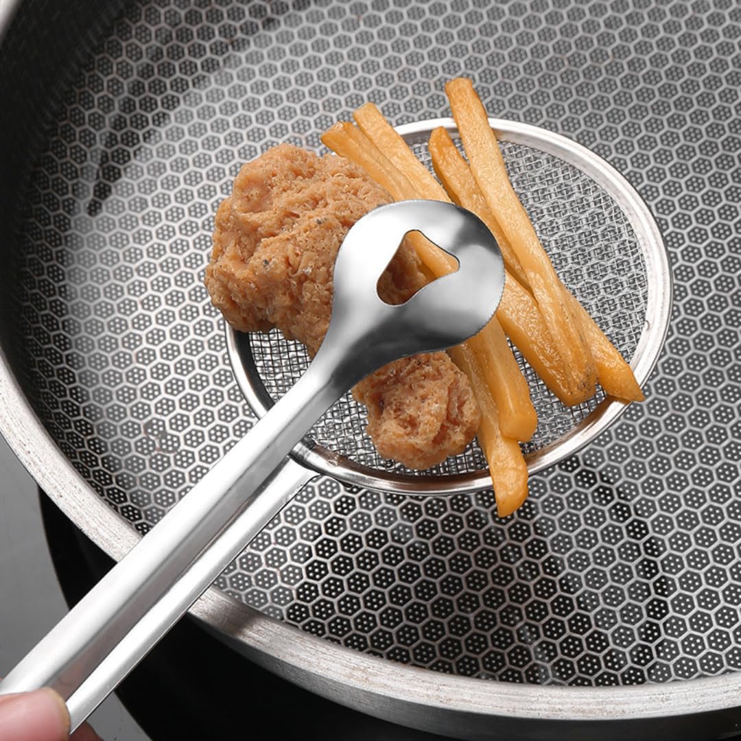 Stainless Steel Mesh Strainer Tongs – 2-in-1 Food Clip and Skimmer Spoon, Heat-Resistant, Durable & Ergonomic Tool for Frying, Cooking, and Serving