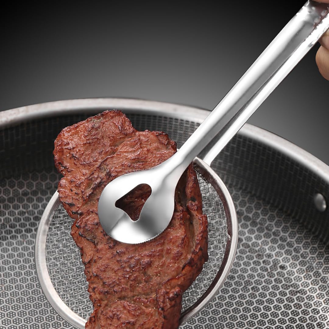 Stainless Steel Mesh Strainer Tongs – 2-in-1 Food Clip and Skimmer Spoon, Heat-Resistant, Durable & Ergonomic Tool for Frying, Cooking, and Serving