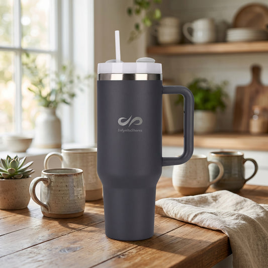 40 oz Insulated Tumbler with Handle & Straw – Stainless Steel, Cup Holder Friendly