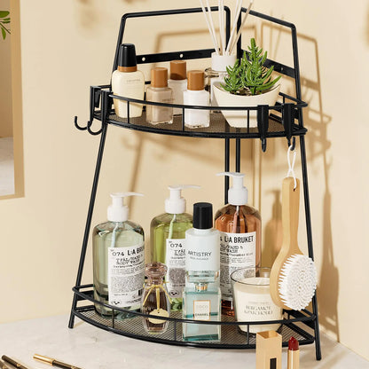 2 Tier Corner Bathroom Counter Organizer Metal Bathroom Countertop Organizer Shelf Storage Bathroom Sink Makeup Organizer for Vanity Perfume Skincare with Hooks Black