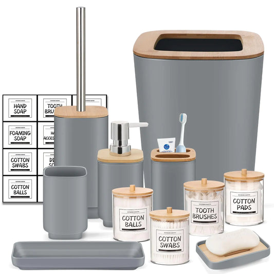 Grey Bathroom Set11Pcs Bathroom Gift Set4 Qtip Holder DispenserSoap DispenserSoap DishTrayToilet Brush HolderTrash CanToothbrush Holder and Cup for Bathroom