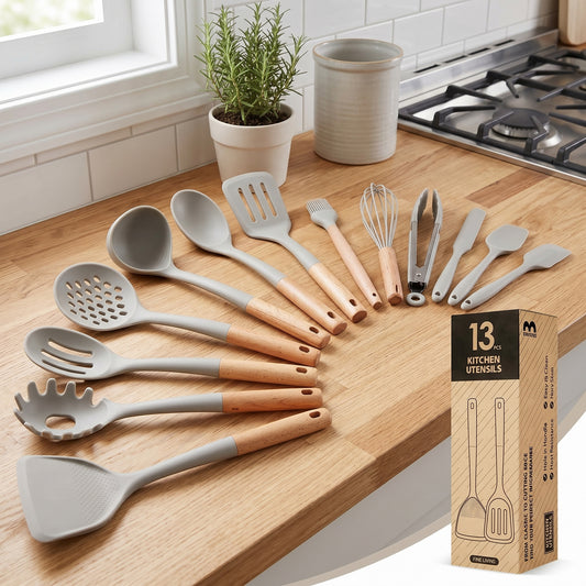 13-Piece Silicone Kitchen Utensil Set with Wooden Handles