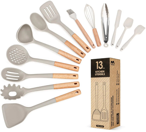 Kitchen Utensils Set 13PCS Silicone Cooking Utensils Heat Resistant Kitchen Utensil Spatula Set for Nonstick Cookware Wooden Handles Kitchen Gadgets Tools Set